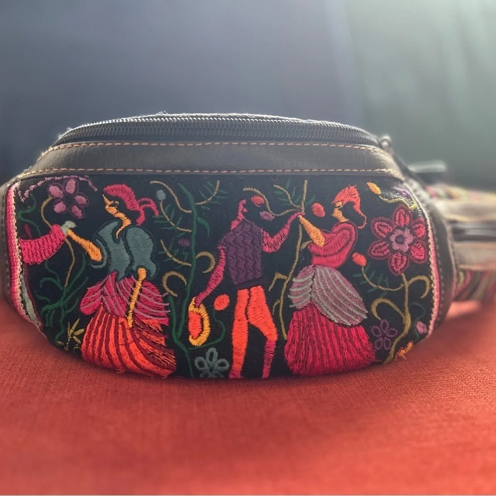 Red and Pink Embroidered Crossbody Bag with Folk Art Design